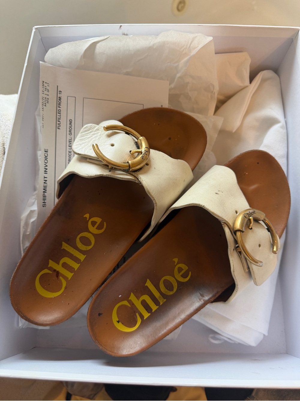 Chloé “Lauren” Cream Leather Slide sandals  with Gold Buckle 37 7 M